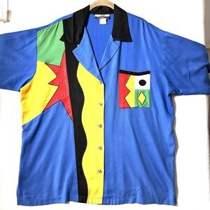 Vintage 80s Colorful Button Up Shirt USA Surfer Beach‎ Skate Party Geometric